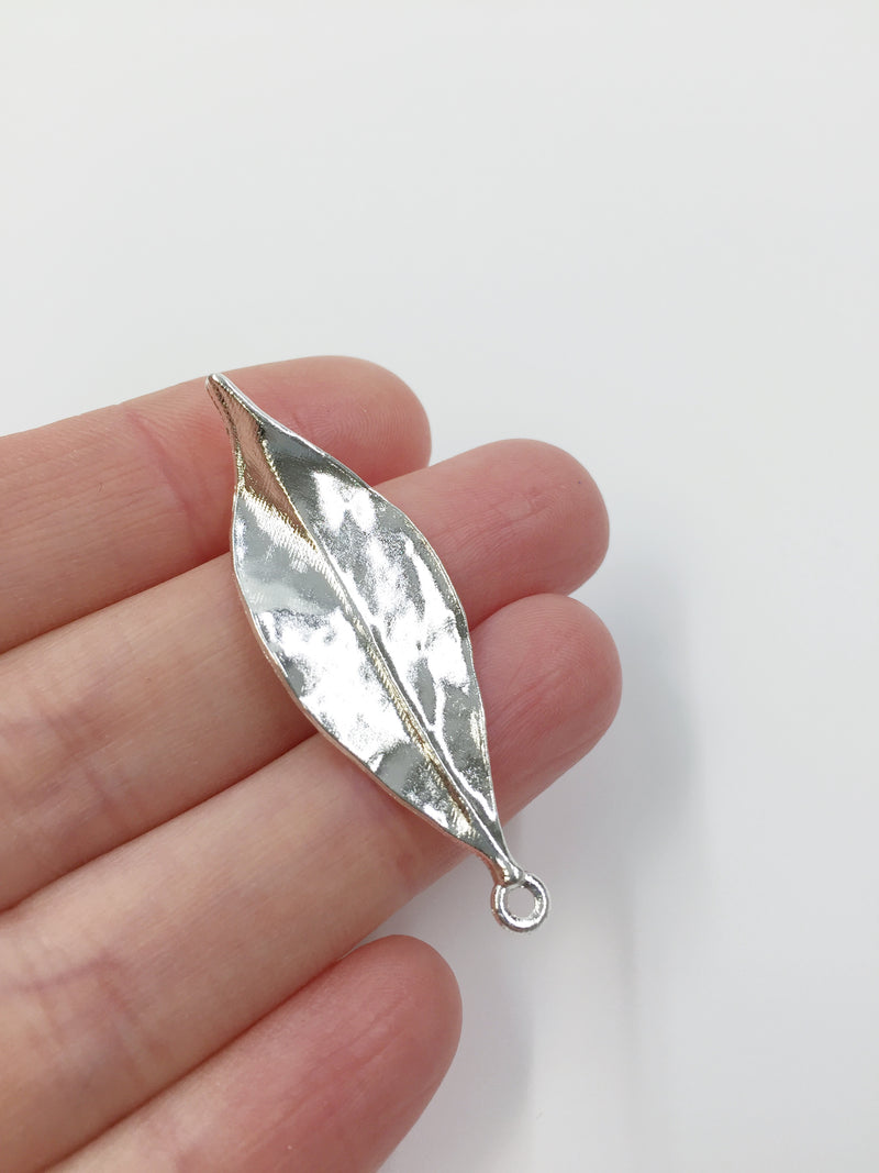 4 x Large Satin Silver Metal Leaf Pendants, 47x15mm (2384)