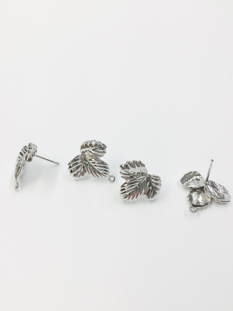 1 pair x Rhodium Plated Leaf Earring Studs with Loops, 16mm