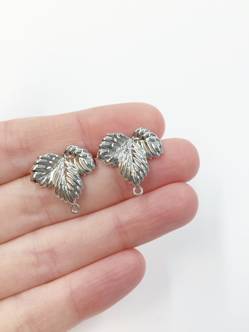 1 pair x Rhodium Plated Leaf Earring Studs with Loops, 16mm