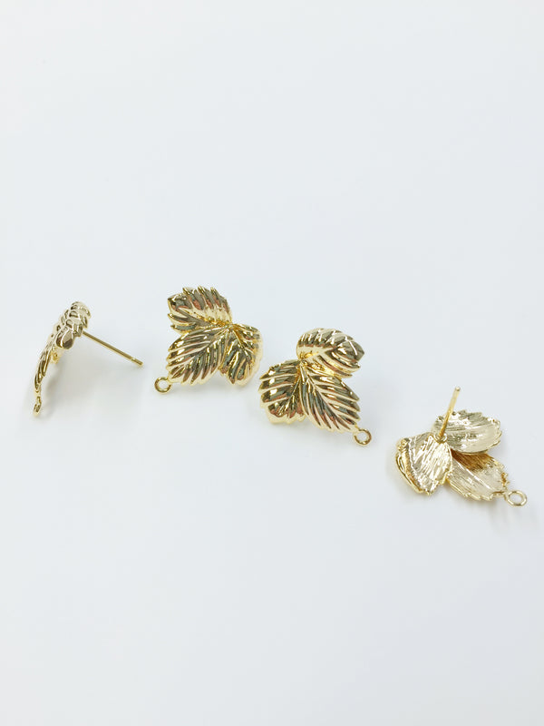 1 pair x 18K Gold Plated Leaf Earring Studs with Loops, 16mm
