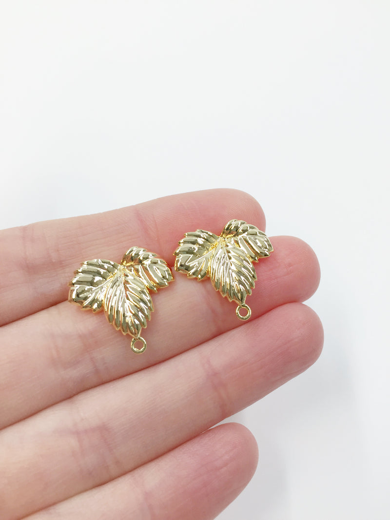 1 pair x 18K Gold Plated Leaf Earring Studs with Loops, 16mm