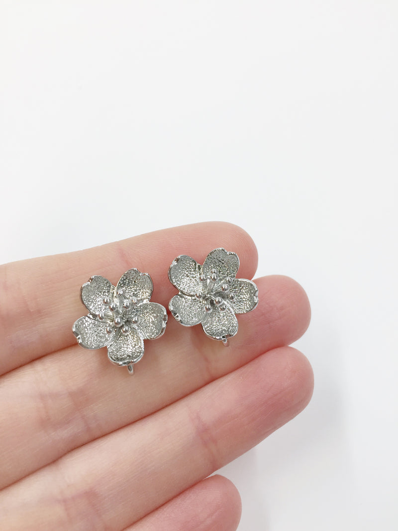 1 pair x Rhodium Plated Sakura Flower Earring Studs with Loop, 16mm