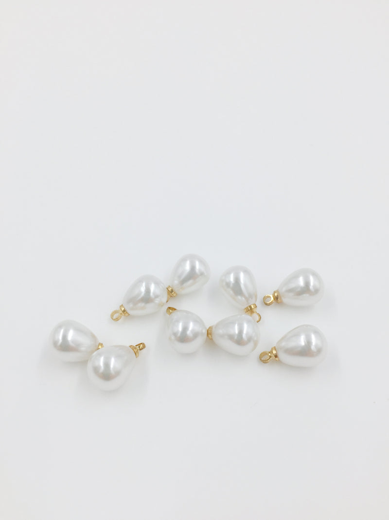 8 x White Teardrop Pearl Charms with Gold Tone Loops, 13x8mm (0648)