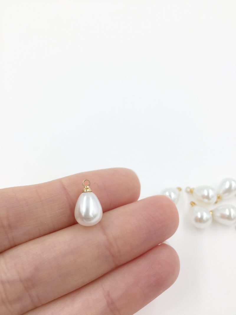 8 x White Teardrop Pearl Charms with Gold Tone Loops, 13x8mm (0648)