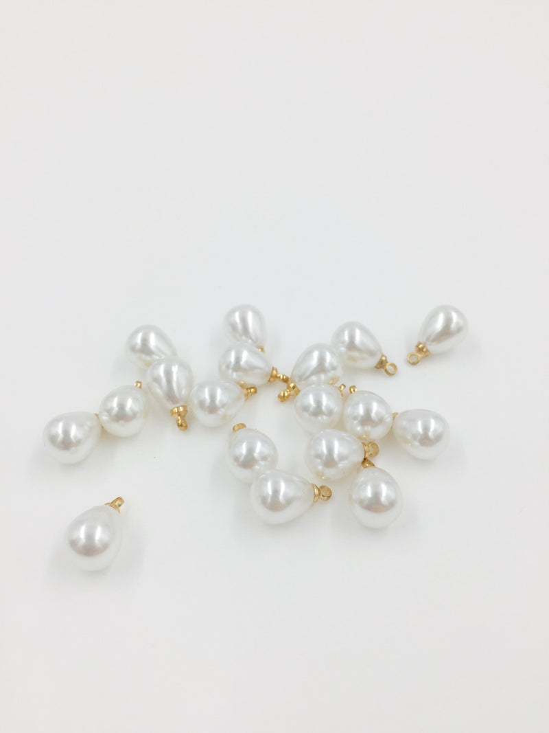 8 x White Teardrop Pearl Charms with Gold Tone Loops, 13x8mm (0648)