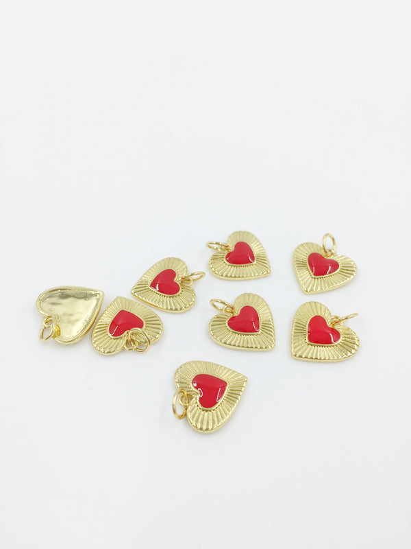 1 x 18K Gold Plated Heart Charm with Red Enamel Centre, 13x14mm (0475)