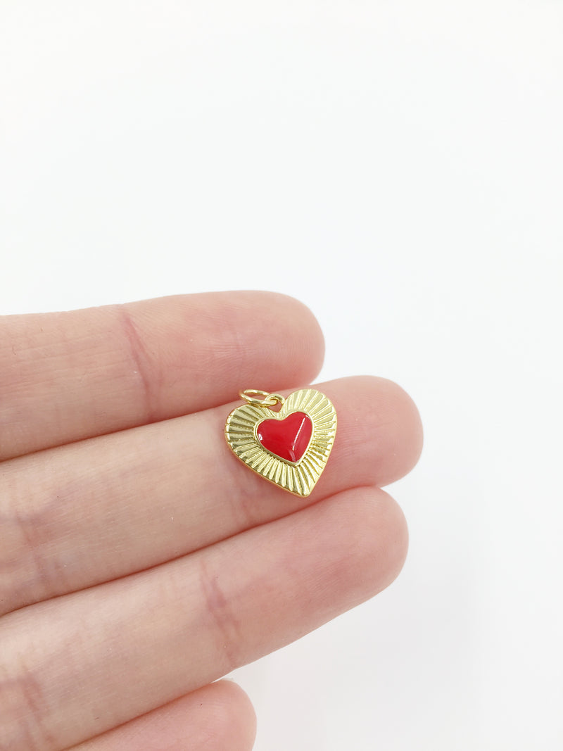 10 x 18K Gold Plated Heart Charm with Red Enamel Centre, 13x14mm