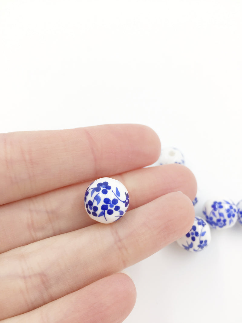 10 x Round White Ceramic Beads with Blue Floral Pattern, 12mm (3645)