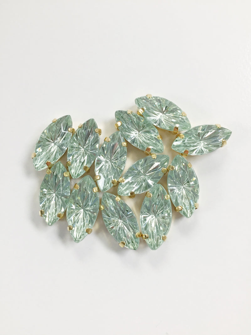 12 x 7x15mm Aquamarine Green Navette Rhinestones in Gold Sew-on Setting