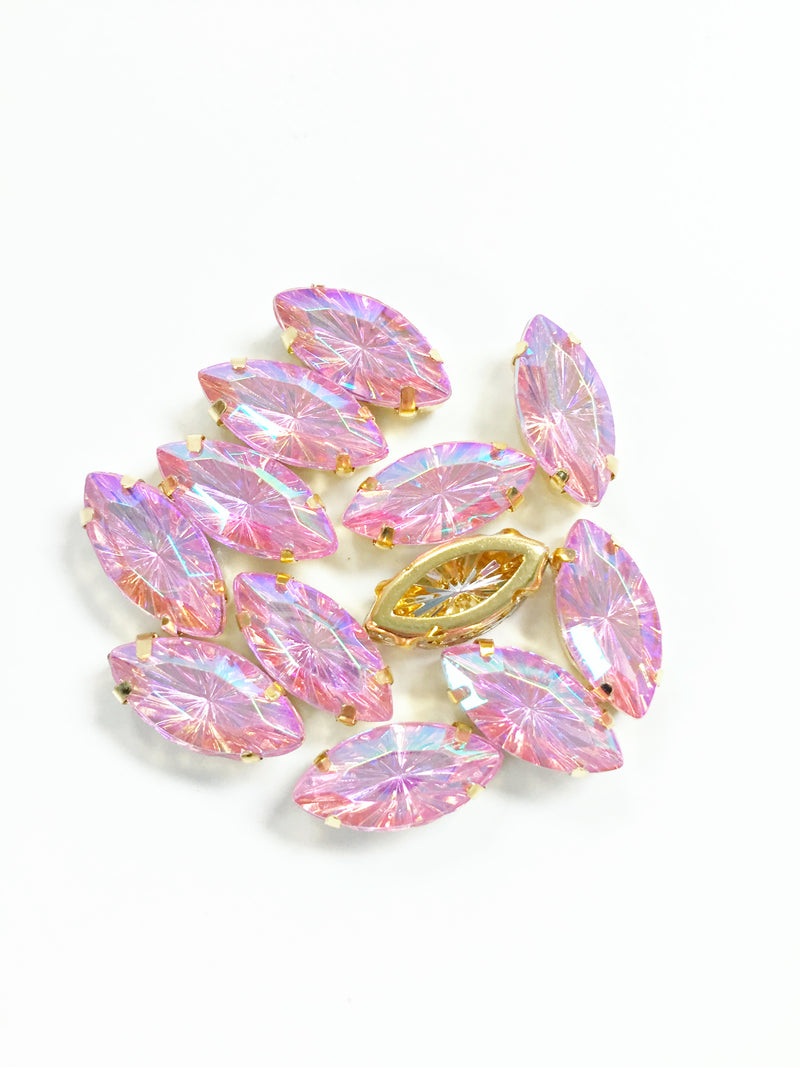 12 x 7x15mm Navette AB Pink Rhinestones in Gold Sew-on Setting