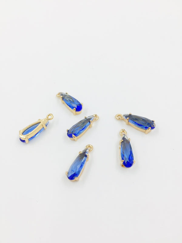 2 x 14K Gold Plated Blue Glass Teardrop Charms, 14x4mm (1196)