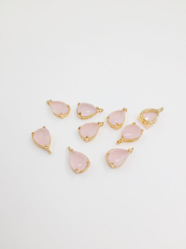 2 x 14K Gold Plated Frosted Pink Faceted Glass Teardrop Pendants, 11x6mm (1376)