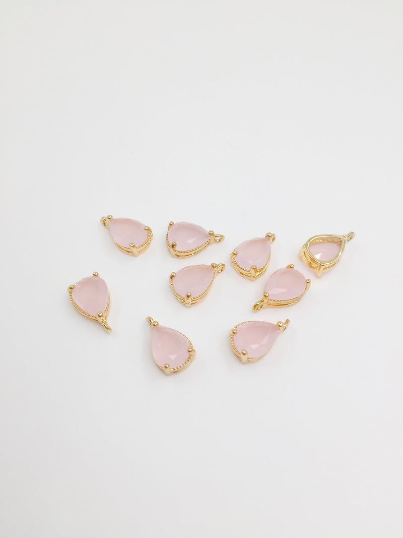 2 x 14K Gold Plated Frosted Pink Faceted Glass Teardrop Pendants, 11x6mm (1376)