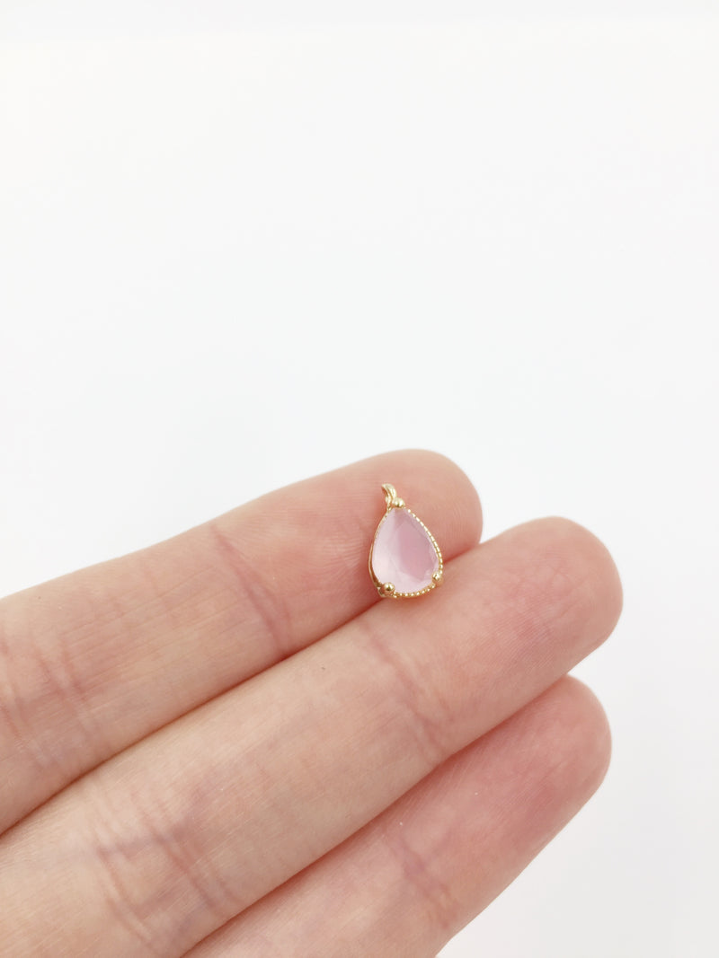 2 x 14K Gold Plated Frosted Pink Faceted Glass Teardrop Pendants, 11x6mm (1376)