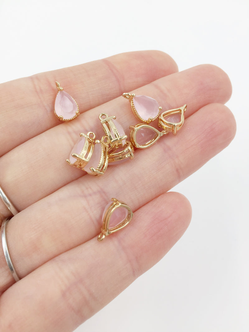 2 x 14K Gold Plated Frosted Pink Faceted Glass Teardrop Pendants, 11x6mm (1376)