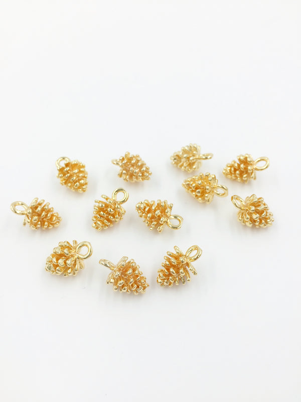 2 x 18K Gold Plated Pine Cone Charms, 12.5x8mm (1354)