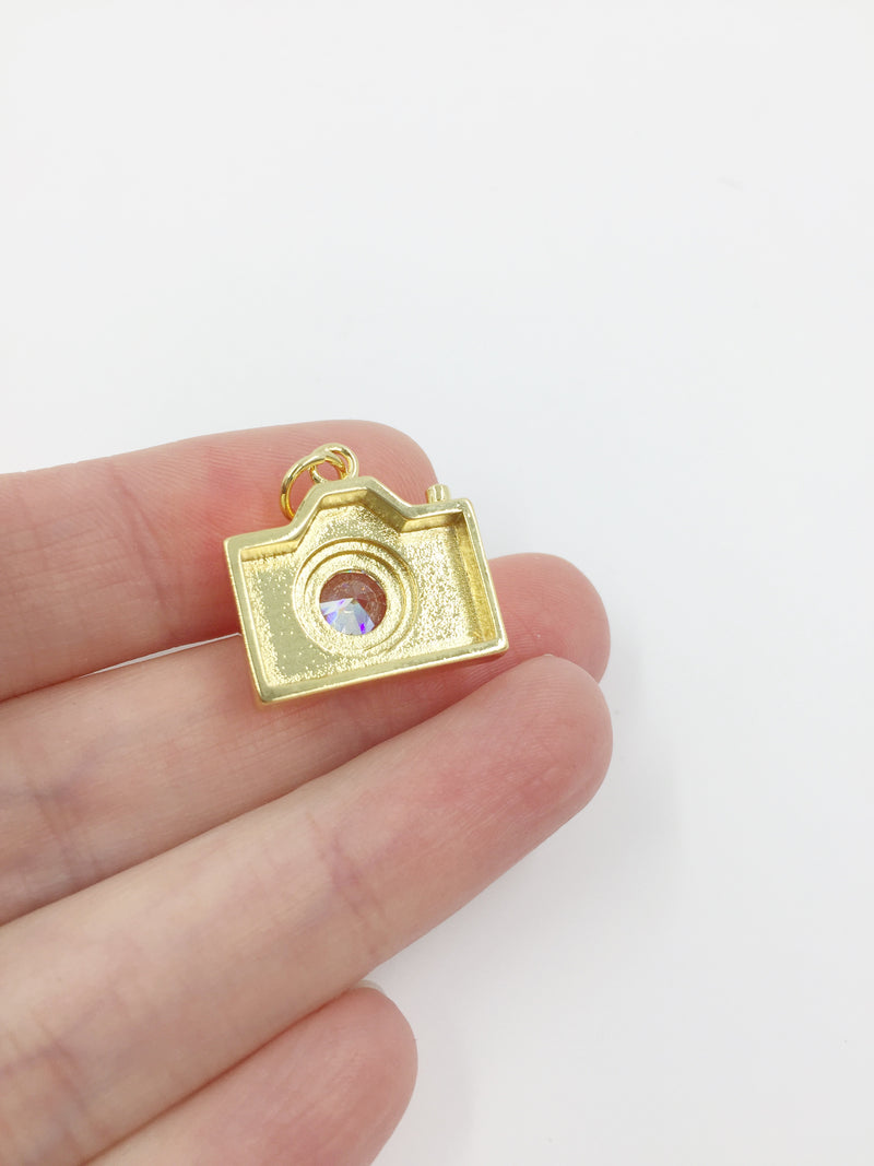 1 x 18K Gold Plated Camera Charm with cubic Zirconia, 19x19mm (1353)