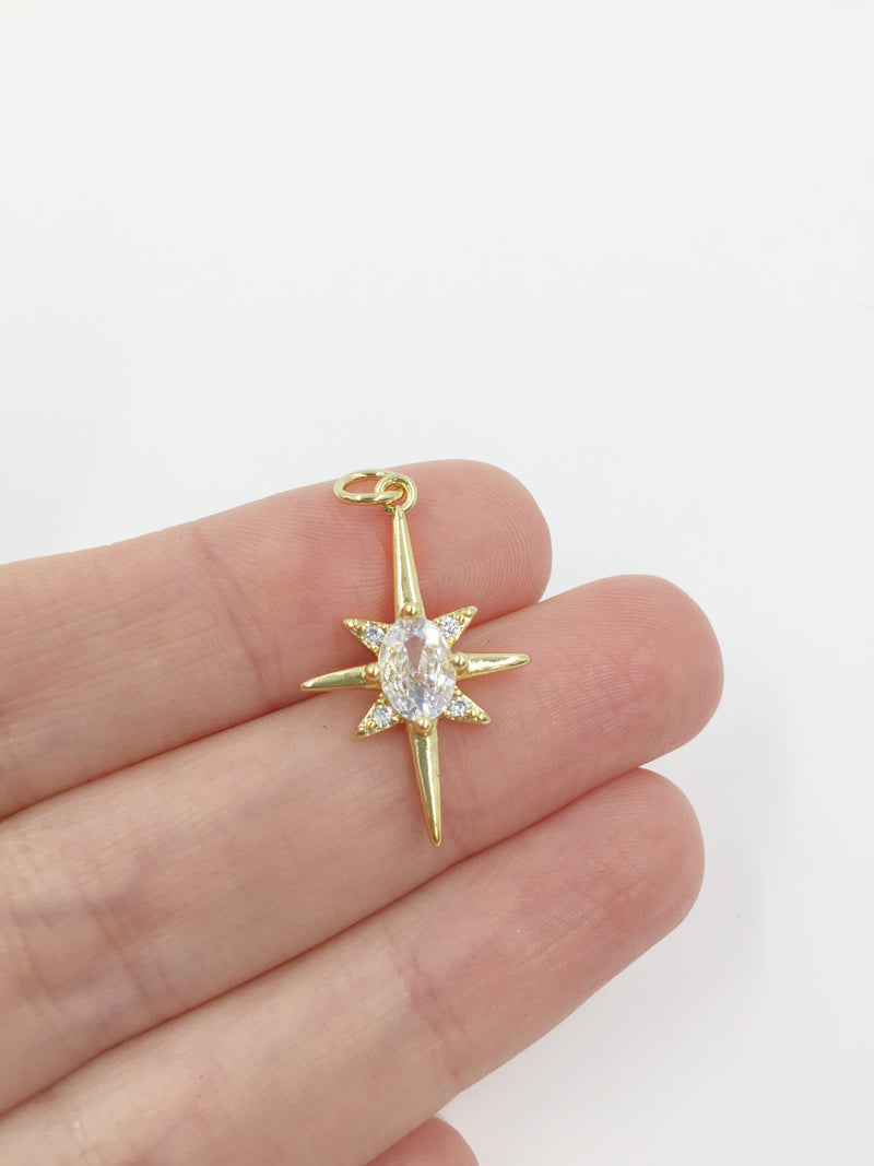 1 x 18K Gold Plated North Star Pendant with Cubic Zirconia, 26x16mm (3733)