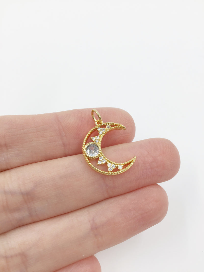 1 x Ornate Cubic Zirconia Crescent Moon Charm, 19x15mm (2786)