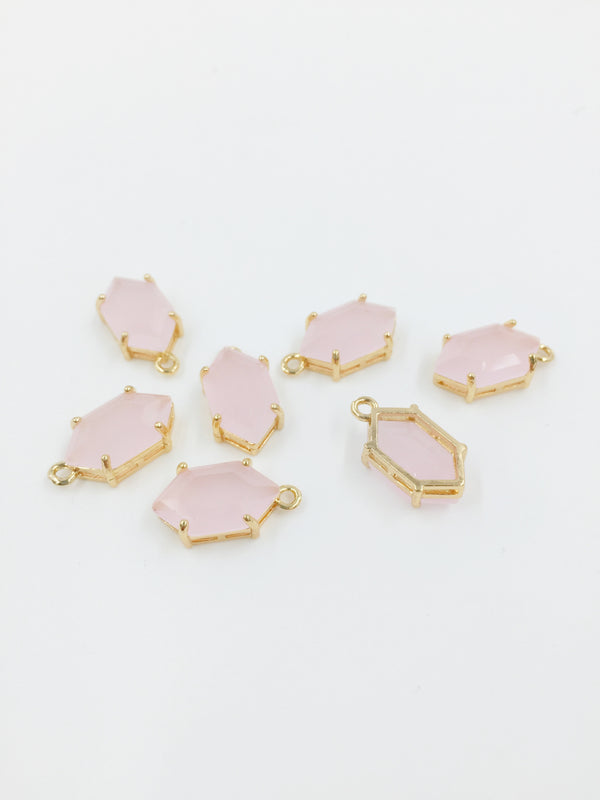 1 x 24K Gold Plated Hexagon Frosted Pink Pendant, 16x8.5mm