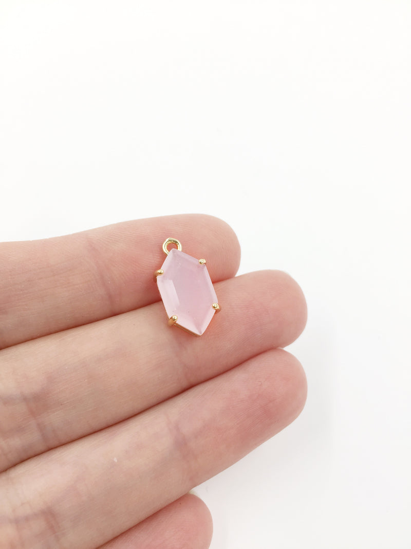 1 x 24K Gold Plated Hexagon Frosted Pink Pendant, 16x8.5mm