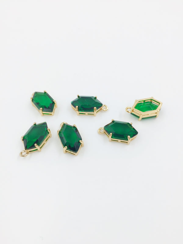 1 x 24K Gold Plated Hexagon Emerald Green Crystal Pendant, 16x8.5mm