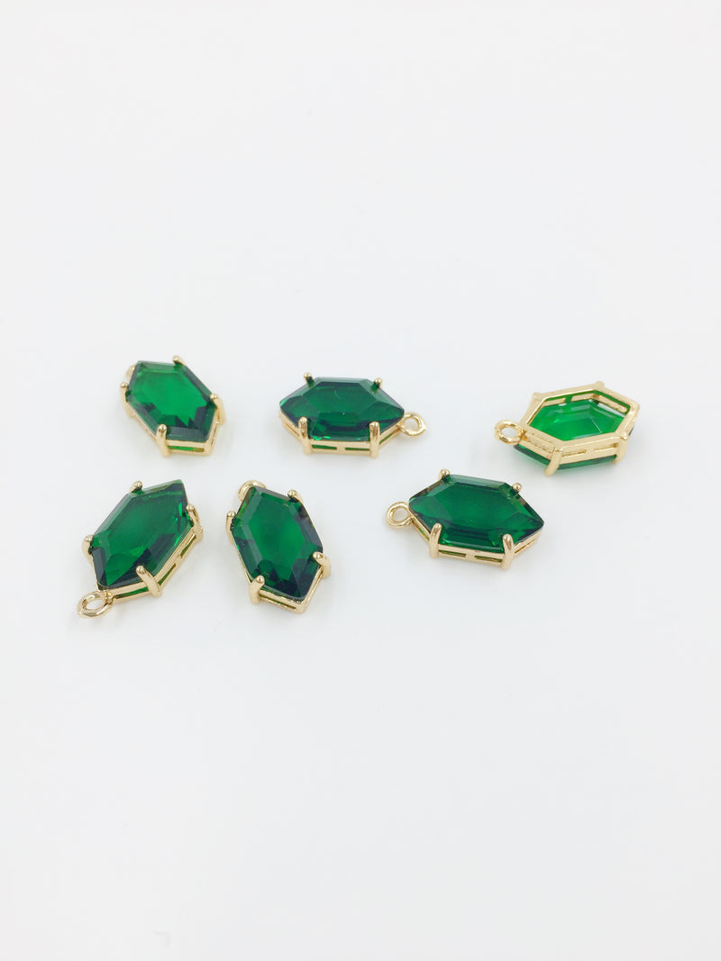 1 x 24K Gold Plated Hexagon Emerald Green Crystal Pendant, 16x8.5mm