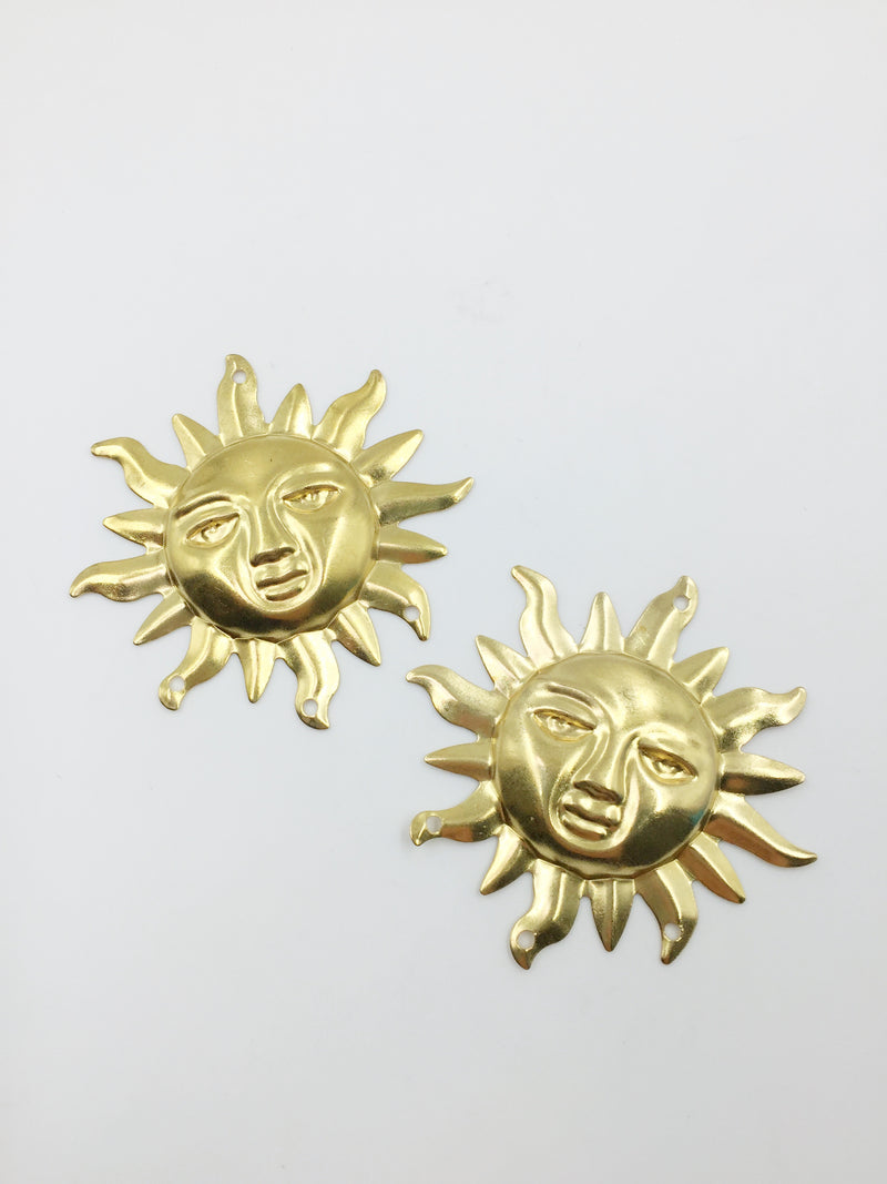 2 x Extra Large Raw Brass Sun Face Pendants, 46x47mm (C0641)