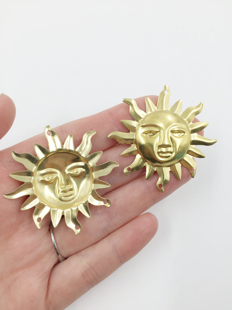 2 x Extra Large Raw Brass Sun Face Pendants, 46x47mm (C0641)