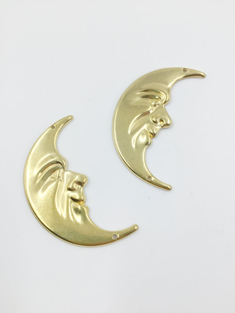 2 x Extra Large Raw Brass Moon Face Pendants, 26x46mm (C0642)