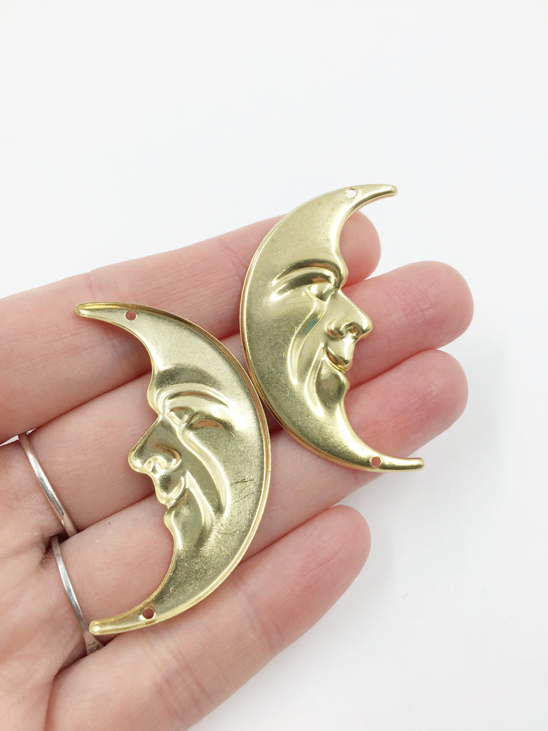 2 x Extra Large Raw Brass Moon Face Pendants, 26x46mm (C0642)