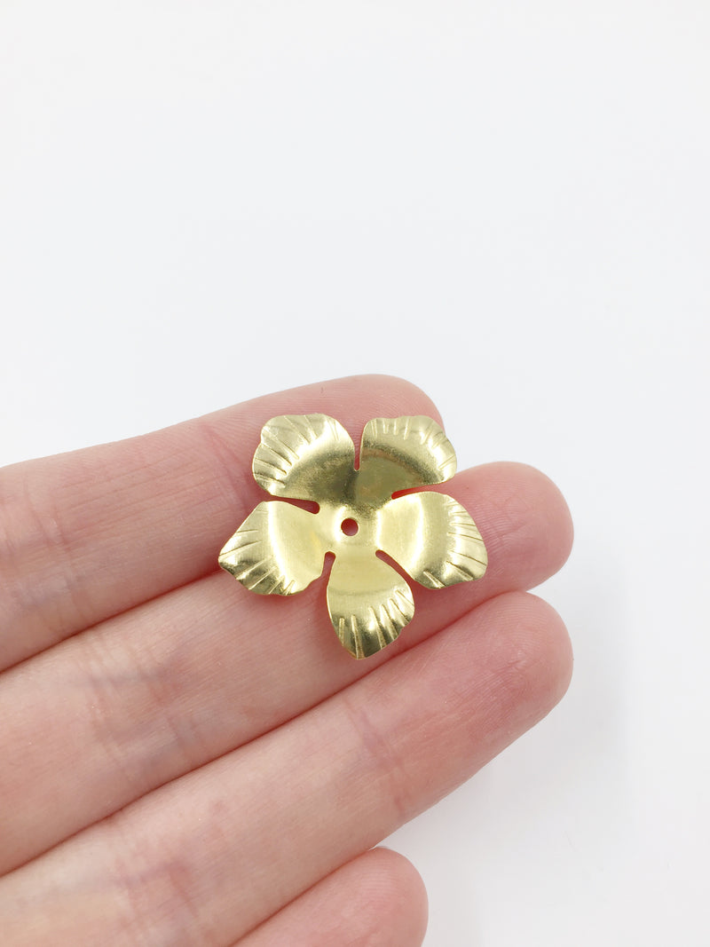 10 x Raw Brass 5 Petal Flower Beads, 26mm (1768)