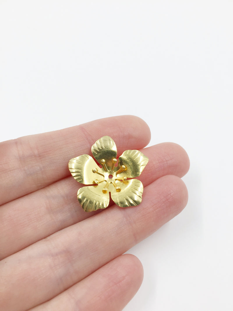 10 x Raw Brass 5 Petal Flower Beads, 26mm (1768)