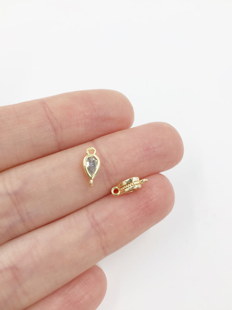 2 x 18K Gold Plated Tiny Cubic Zirconia Teardrop Jewellery Connectors, 10x4mm (1357)