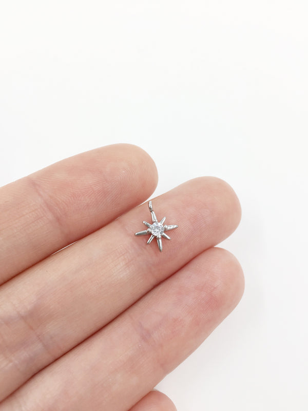 2 x Platinum Plated Tiny Star Charms with Cubic Zirconia, 10x8mm (2569)