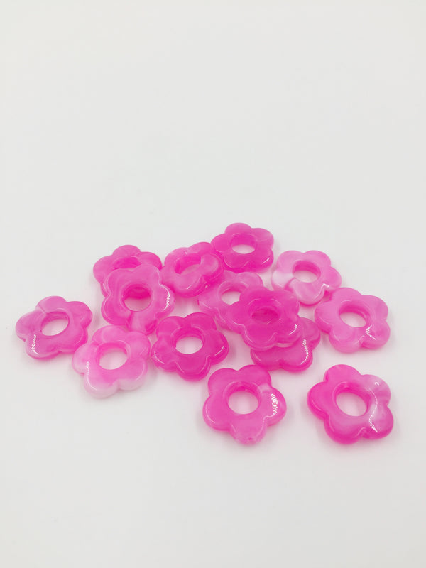 10 x Bright Pink Marble Effect Resin Flower Beads, 15mm (2919)