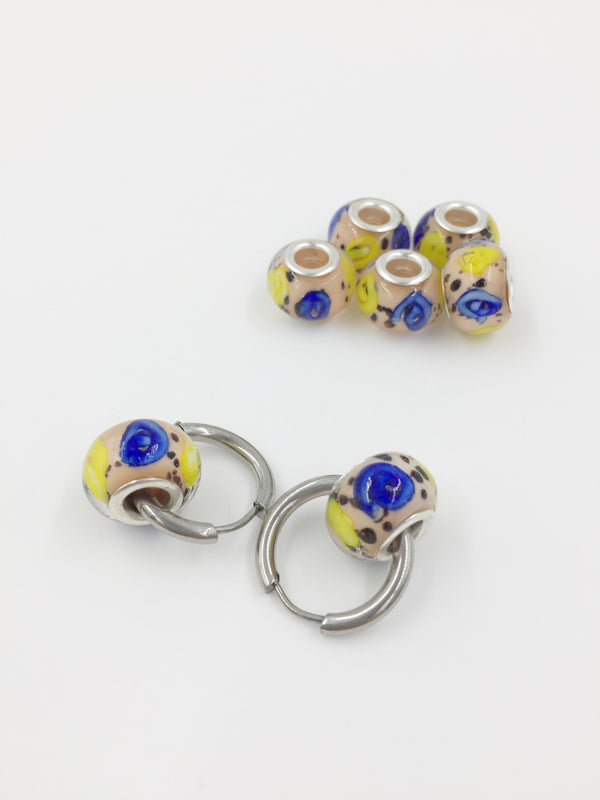 2 x Floral Pattern Lampwork Beads with Silver Core, 11x14mm (2922)
