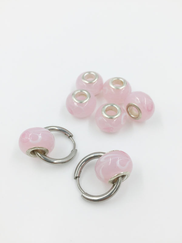 2 x Pink Floral Pattern Lampwork Beads with Silver Core, 11x14mm (2917)