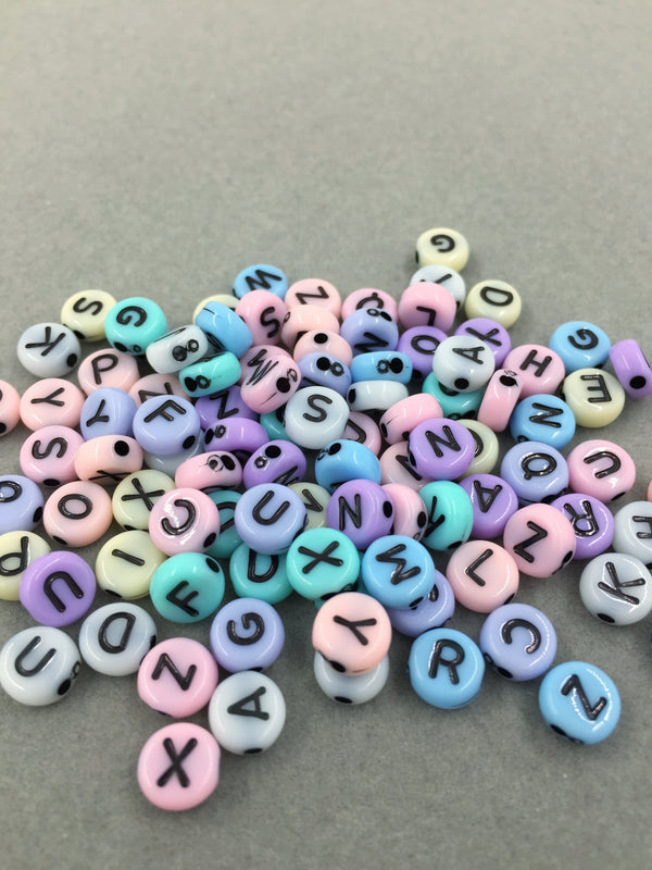 100 x Colourful Pastel Opaque Alphabet Beads with Black Letters, 6.5mm (3688)