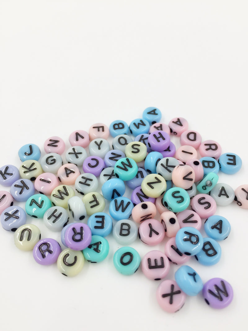 100 x Colourful Pastel Opaque Alphabet Beads with Black Letters, 6.5mm (3688)