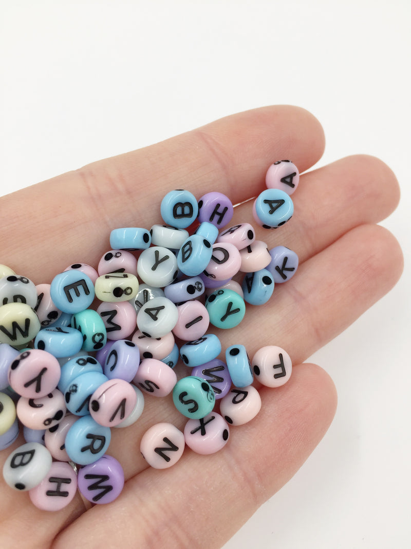 100 x Colourful Pastel Opaque Alphabet Beads with Black Letters, 6.5mm (3688)