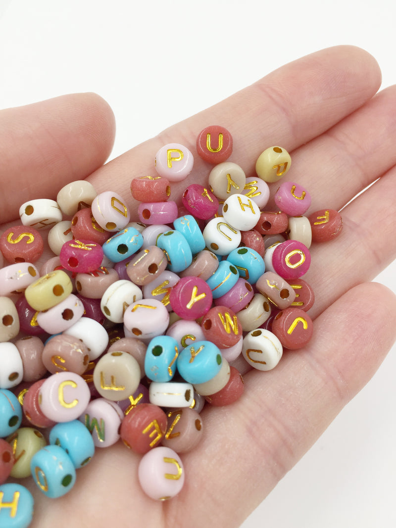 100 x Colourful Opaque Alphabet Beads with Gold Letters, 7mm (3684)