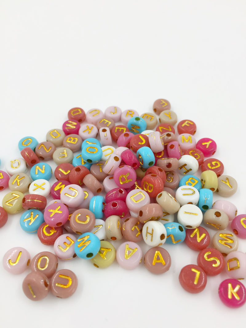 100 x Colourful Opaque Alphabet Beads with Gold Letters, 7mm (3684)