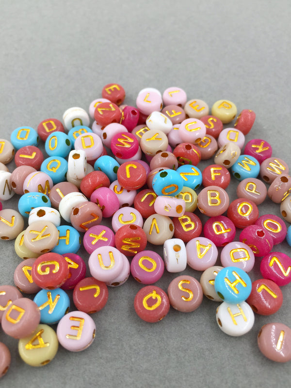 100 x Colourful Opaque Alphabet Beads with Gold Letters, 7mm (3684)