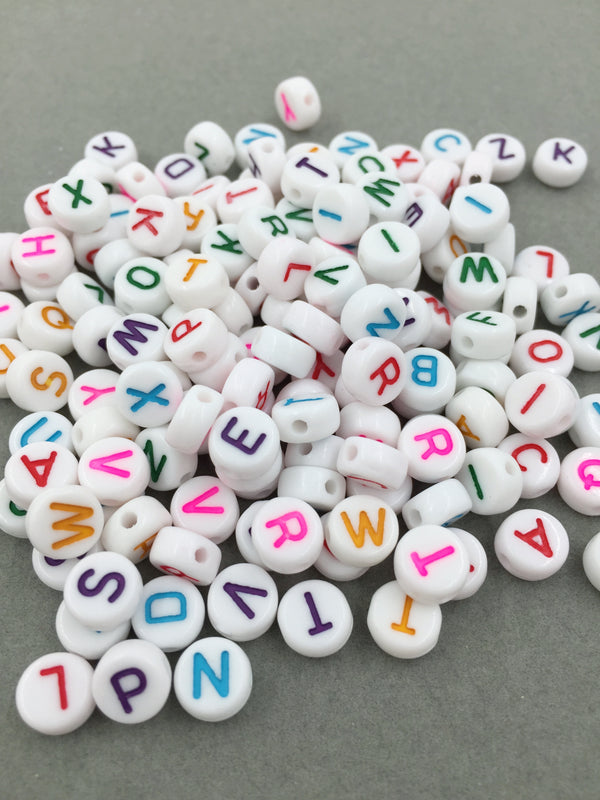 100 x White Opaque Alphabet Beads with Colourful Letters, 7mm (0919)