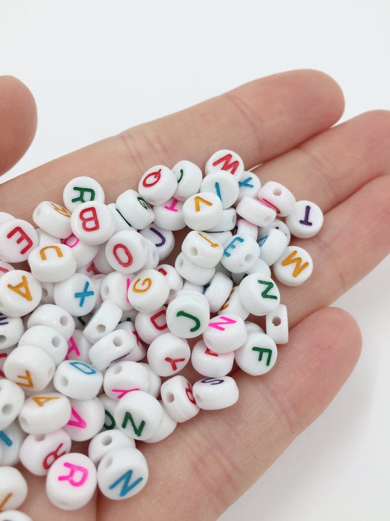 100 x White Opaque Alphabet Beads with Colourful Letters, 7mm (0919)