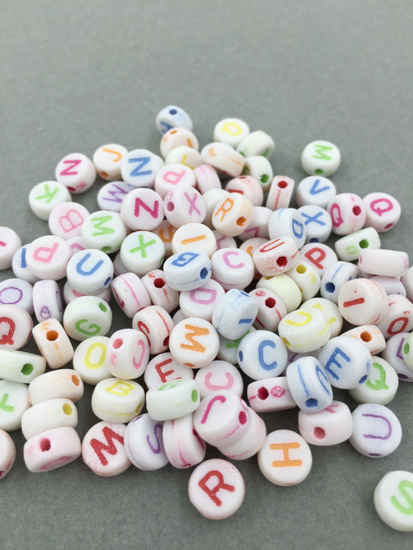 100 x Vintage White Opaque Alphabet Beads with Colourful Letters, 7mm (0920)
