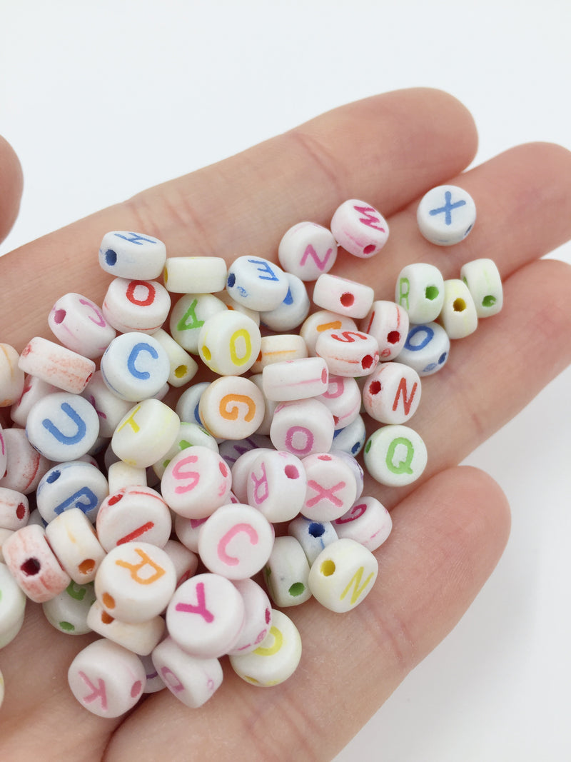 100 x Vintage White Opaque Alphabet Beads with Colourful Letters, 7mm (0920)