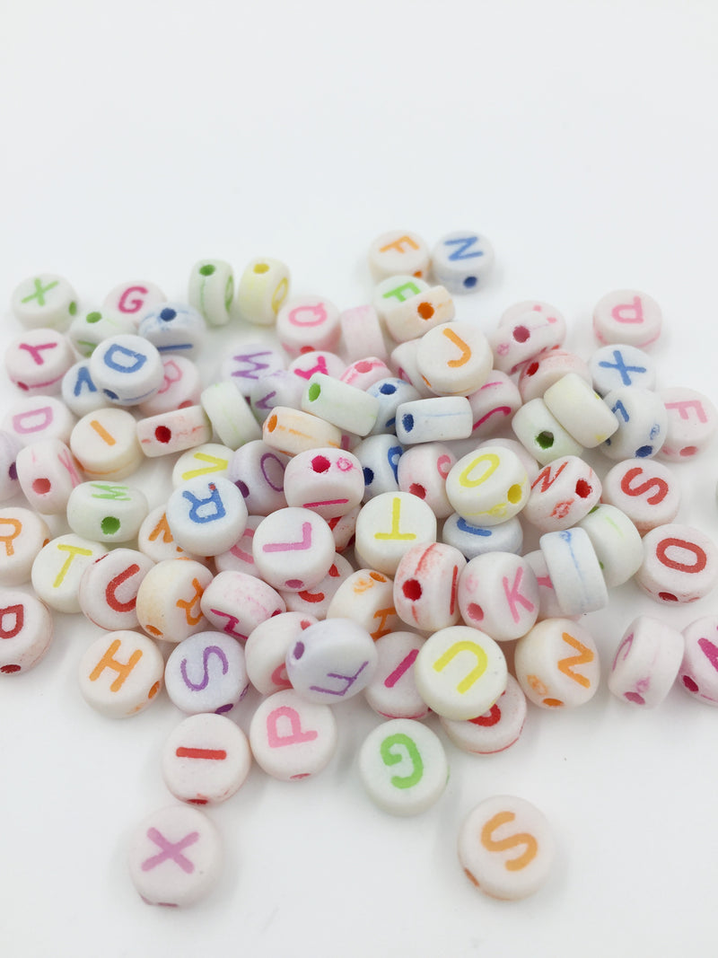 100 x Vintage White Opaque Alphabet Beads with Colourful Letters, 7mm (0920)