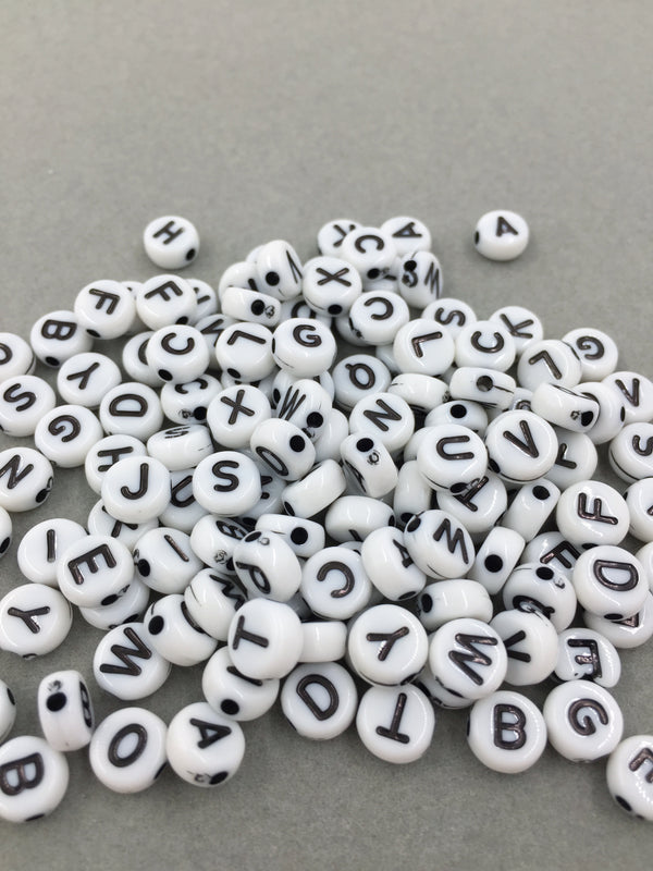 100 x Opaque Vintage White Alphabet Beads with Black Letters, 7mm (0923)